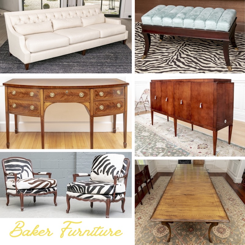 Examples of vintage Baker Furniture pieces include a three-piece tufted-back sofa, bench with light blue ultra-suede seat, sideboards, a pair of zebra-print calf-hair fauteuils, and a dining table.